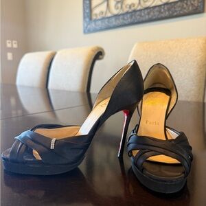 Christian Louboutin D’orsay tres Ophrahs Black Satin Heels